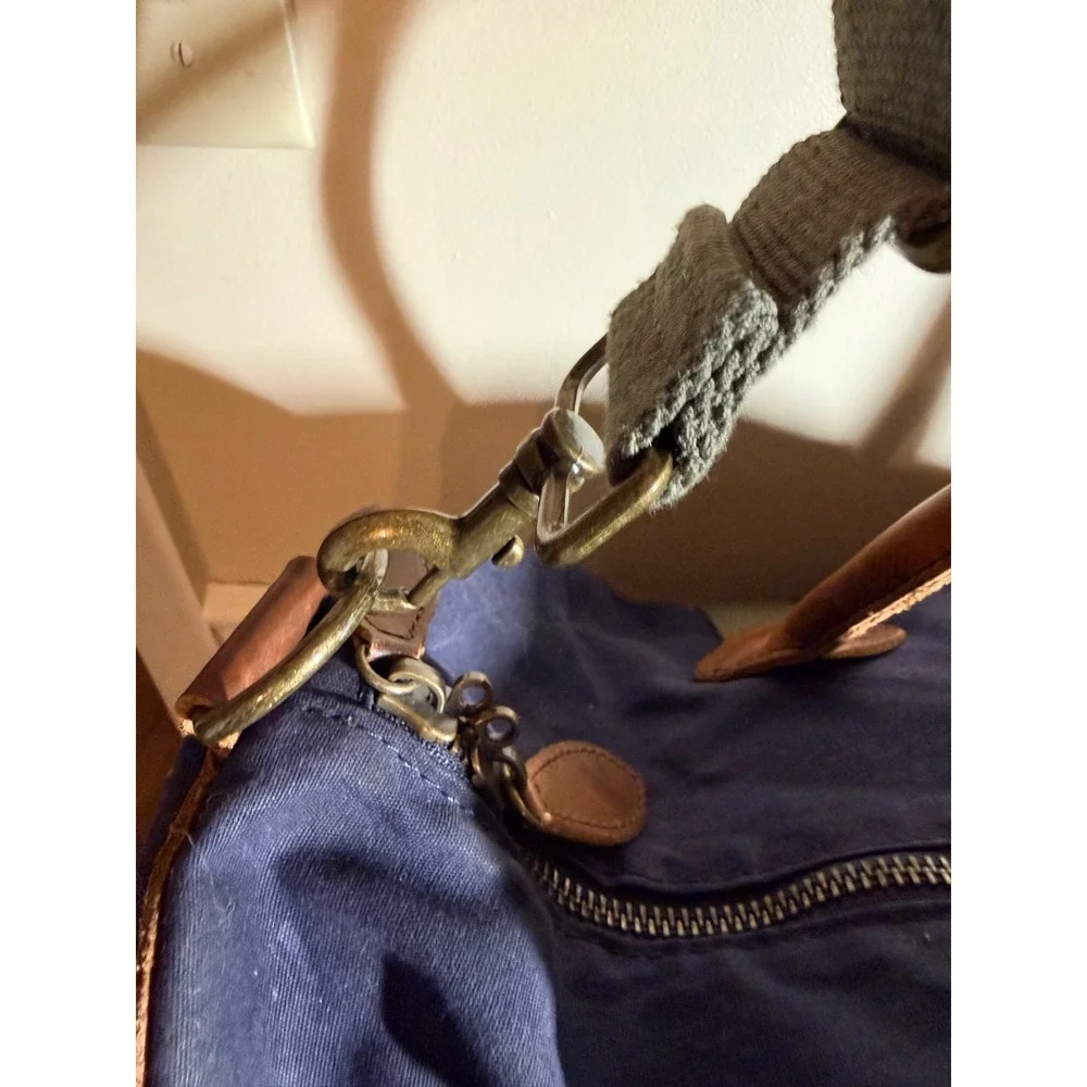 LL Bean Signature Waxed Canvas Duffle Bag Navy Blue Leather trim 22